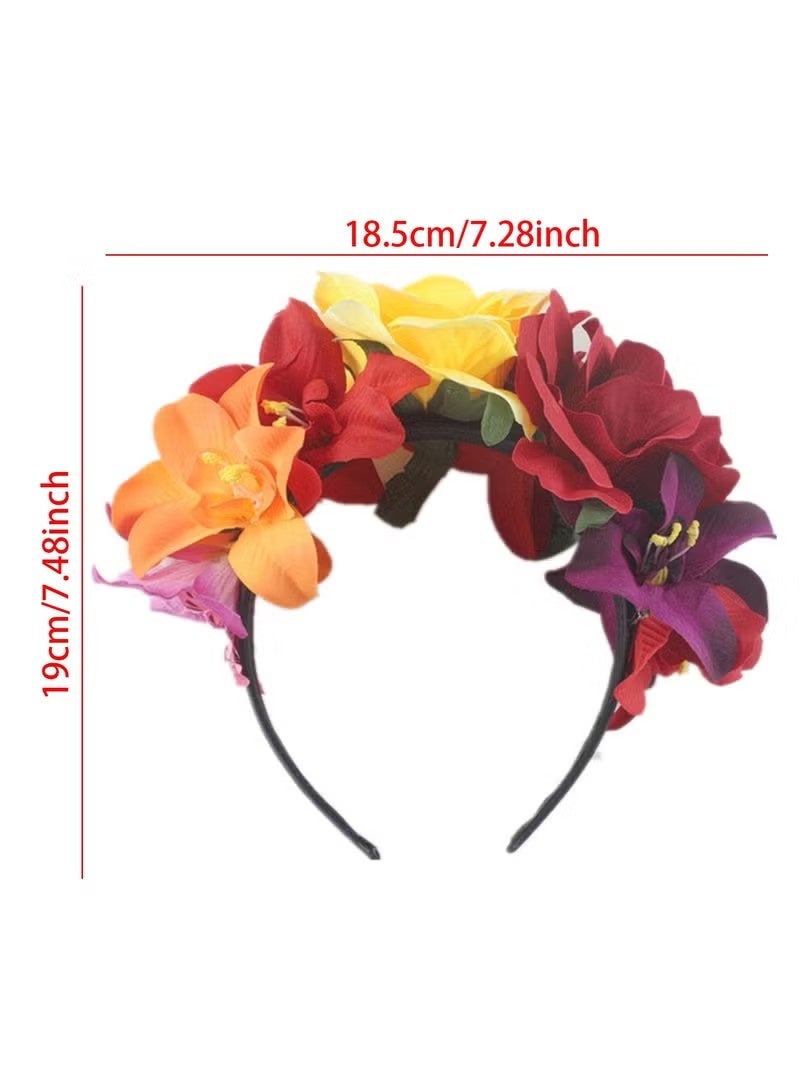 Unewshi Mexican Flower Crowns Headband, Headpiece for Halloween Festival Party（Yellow deep red） - Image 5