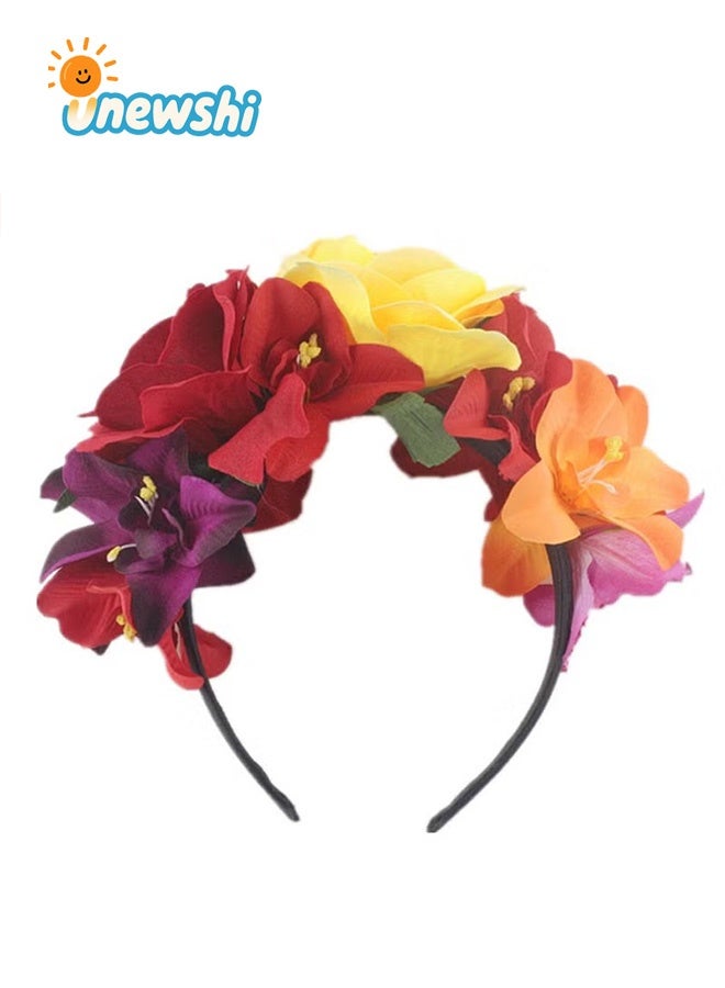 Unewshi Mexican Flower Crowns Headband, Headpiece for Halloween Festival Party（Yellow deep red） - Image 1
