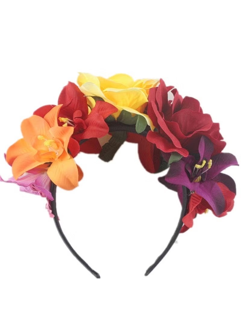 Unewshi Mexican Flower Crowns Headband, Headpiece for Halloween Festival Party（Yellow deep red） - Image 3