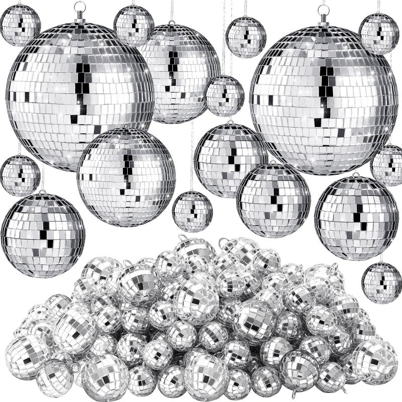 Hoolerry 200 Pcs Mini Mirror Disco Ball Ornaments Mardi Gras Small Silver Hanging Decorations Reflective Tiny Balls Bulk for 70s 80s 90s Disco Party, Christmas Tree(8'', 6'', 4'', 3'', 2,'' 1'') - Image 1