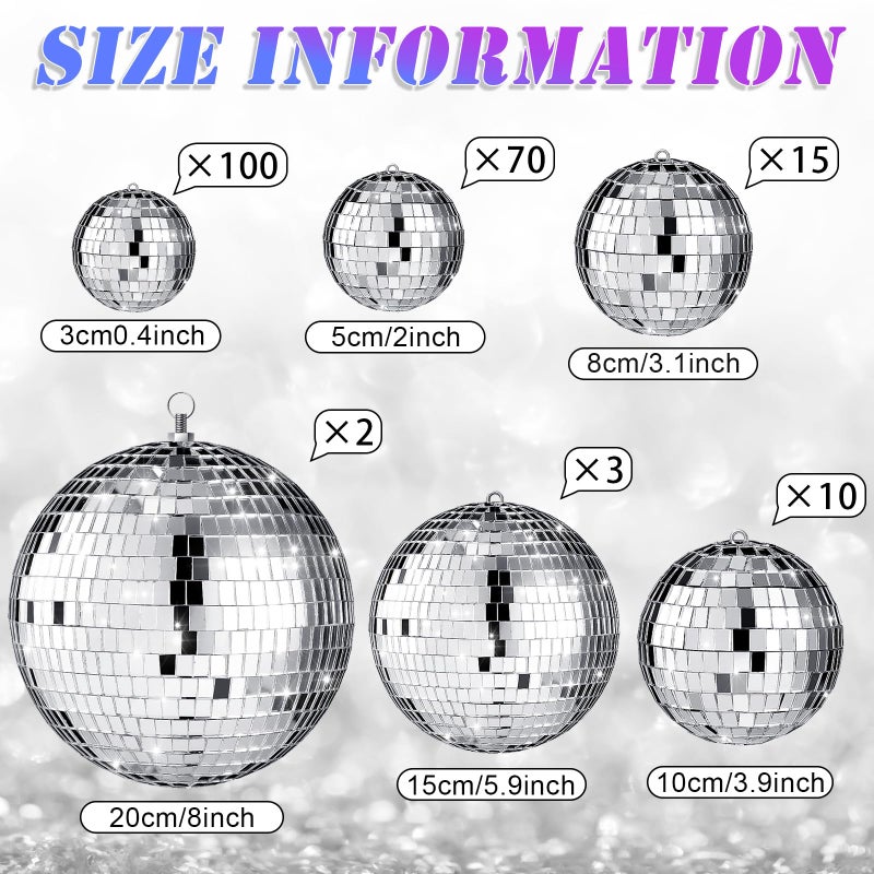 Hoolerry 200 Pcs Mini Mirror Disco Ball Ornaments Mardi Gras Small Silver Hanging Decorations Reflective Tiny Balls Bulk for 70s 80s 90s Disco Party, Christmas Tree(8'', 6'', 4'', 3'', 2,'' 1'') - Image 3