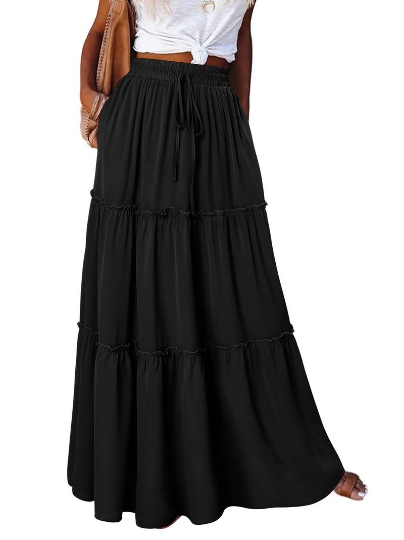 onlypuff Black Maxi Skirt for Women Boho Western Skirts High Waist Long Skirt with Pockets Fall Festival Outfits Clothing M - Image 2