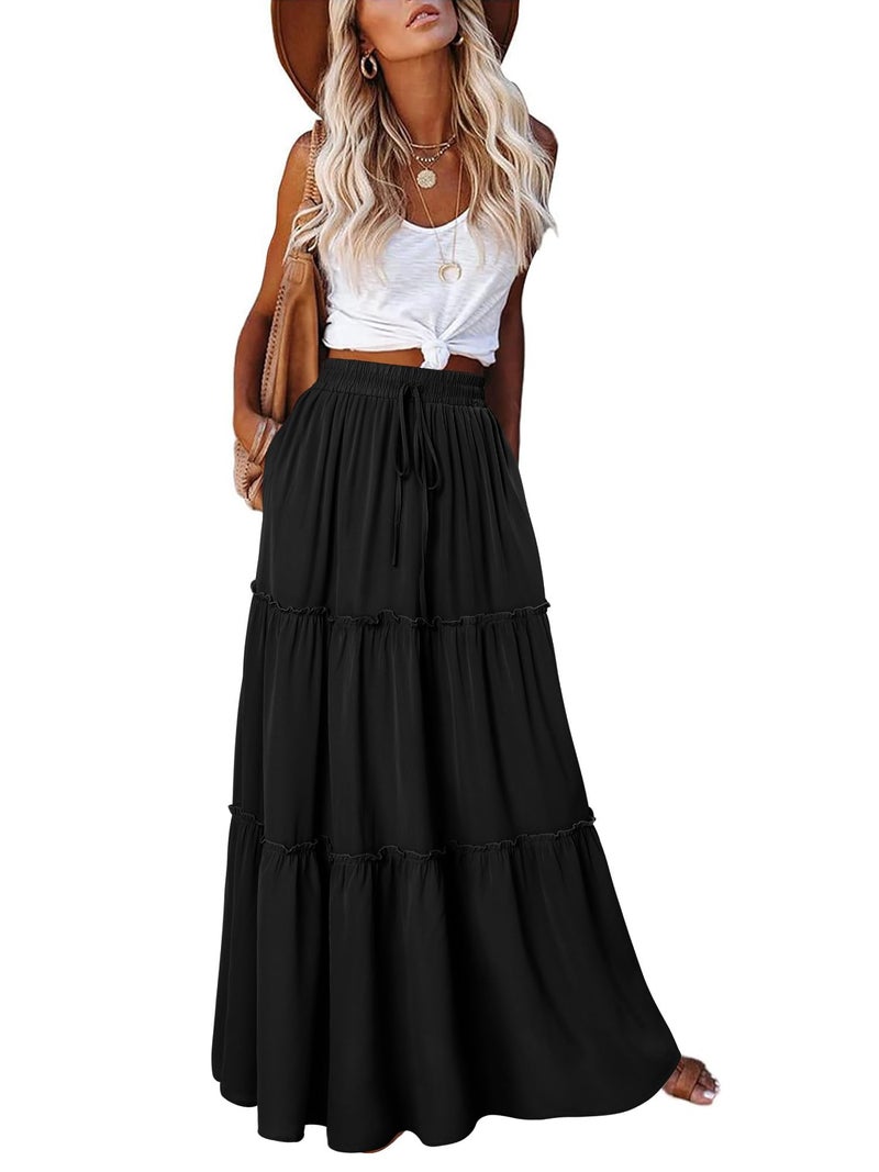 onlypuff Black Maxi Skirt for Women Boho Western Skirts High Waist Long Skirt with Pockets Fall Festival Outfits Clothing M - Image 5