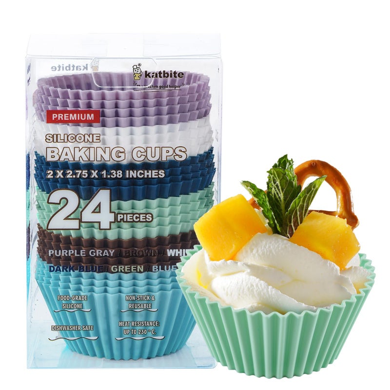 أكواب كعك السيليكون كاتبايت 24 حبة أكواب خبز سيليكون قابلة لإعادة الاستخدام غير لاصقة أكواب كعك سيليكون ثقيلة للخبز كعك ناعم شاحب للحفلات عيد الهالوين عيد الميلاد