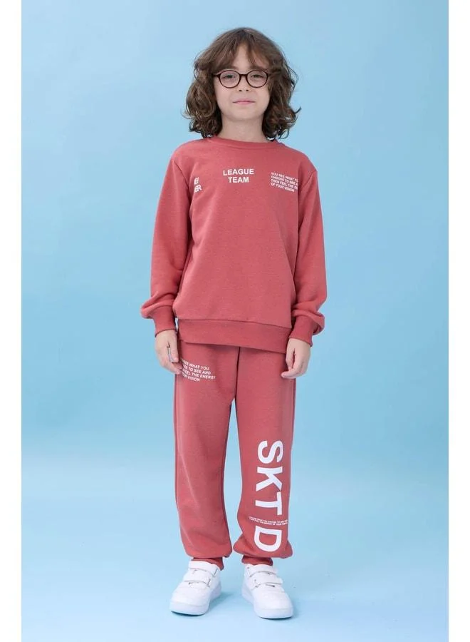 Perendi Boys' Bicycle Collar Printed Seasonal Top and Bottom Set - Kiremit.