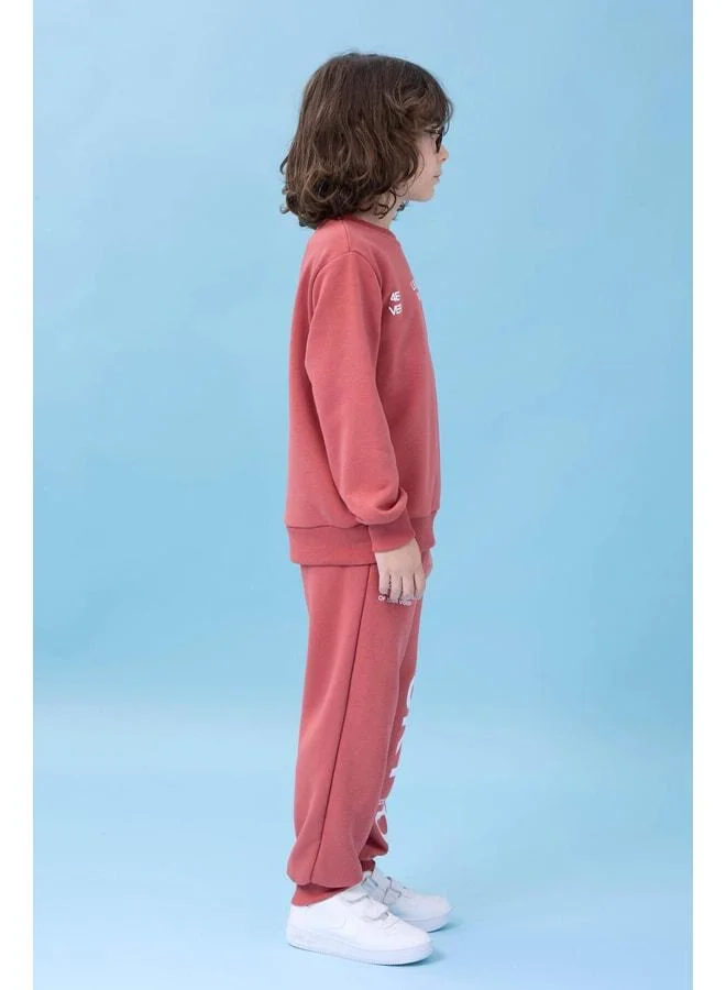 Perendi Boys' Bicycle Collar Printed Seasonal Top and Bottom Set - Kiremit.