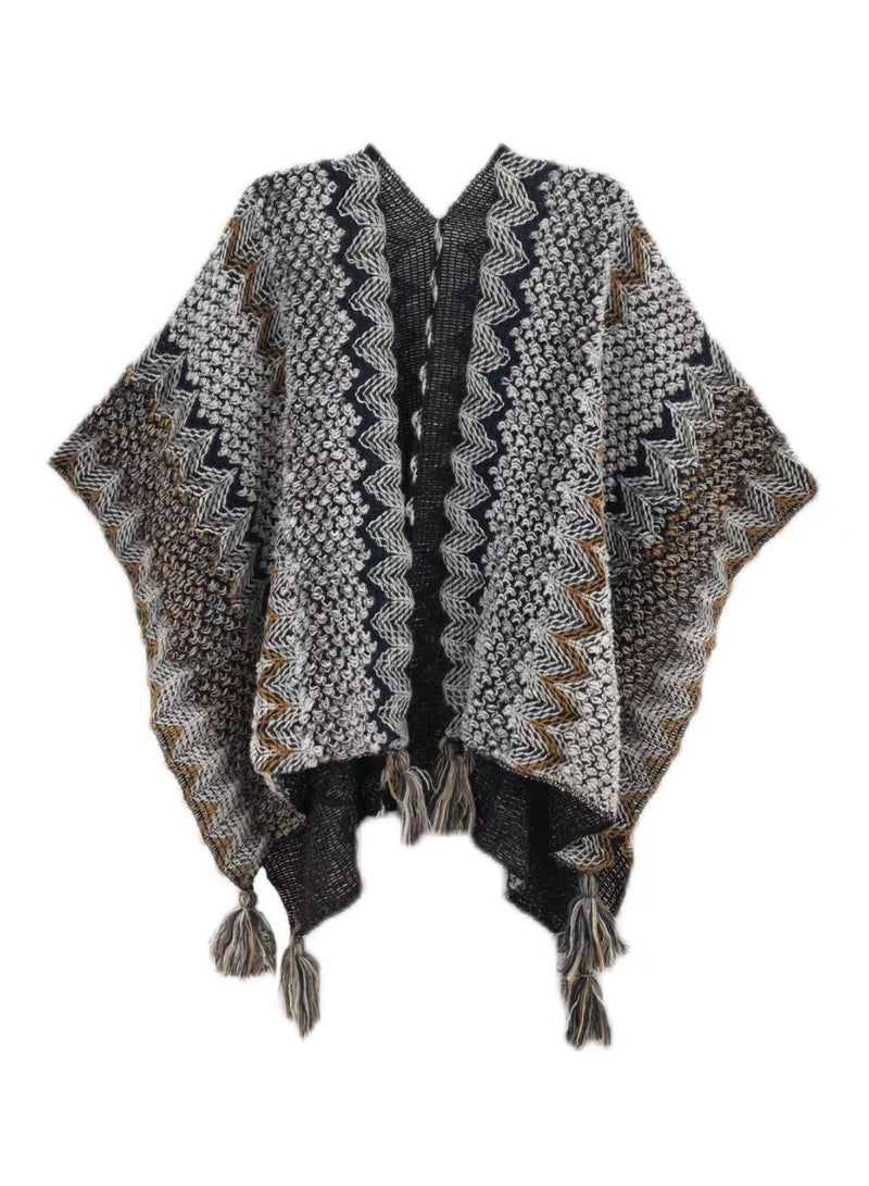 Women's Knitted Ethnic Cape with Tassels - Bohemian Style, One Size