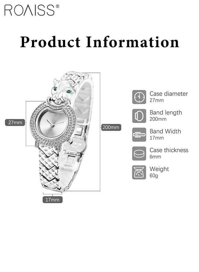 roaiss Women's Bracelet Quartz Watch, Analog Display Round Silver Dial Watch Decorated with Leopard Head Pattern and Rhinestones, Waterproof Retro Shining Watches as Gift for Ladies - Image 4