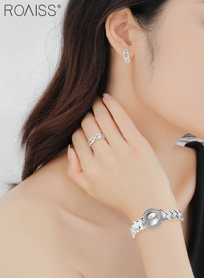 roaiss Women's Bracelet Quartz Watch, Analog Display Round Silver Dial Watch Decorated with Leopard Head Pattern and Rhinestones, Waterproof Retro Shining Watches as Gift for Ladies - Image 3