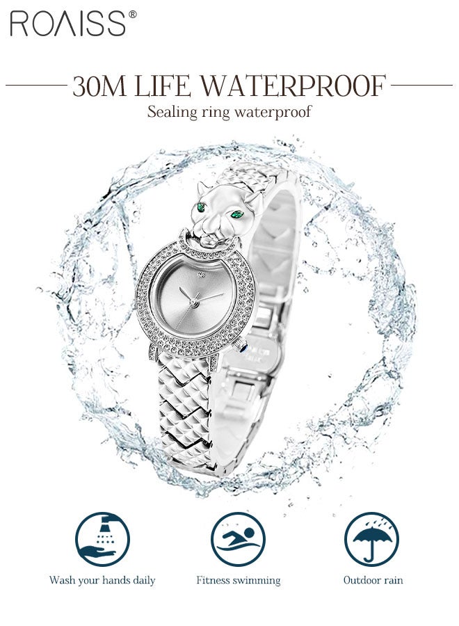 roaiss Women's Bracelet Quartz Watch, Analog Display Round Silver Dial Watch Decorated with Leopard Head Pattern and Rhinestones, Waterproof Retro Shining Watches as Gift for Ladies - Image 5