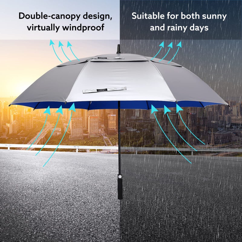 G4Free 54 Inch UV Protection Golf Umbrella Auto Open Vented Double Canopy Oversize Extra Large Windproof Sun Rain Umbrellas (Silver/Blue) - Image 5