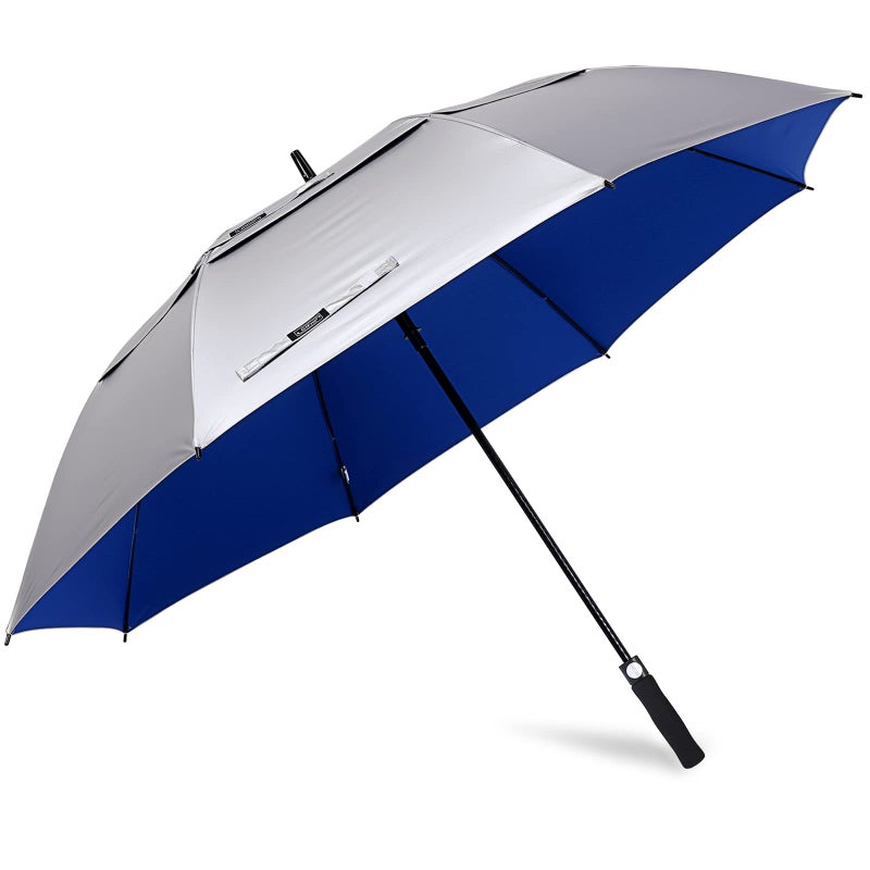 G4Free 54 Inch UV Protection Golf Umbrella Auto Open Vented Double Canopy Oversize Extra Large Windproof Sun Rain Umbrellas (Silver/Blue) - Image 1
