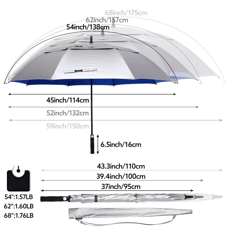 G4Free 54 Inch UV Protection Golf Umbrella Auto Open Vented Double Canopy Oversize Extra Large Windproof Sun Rain Umbrellas (Silver/Blue) - Image 2
