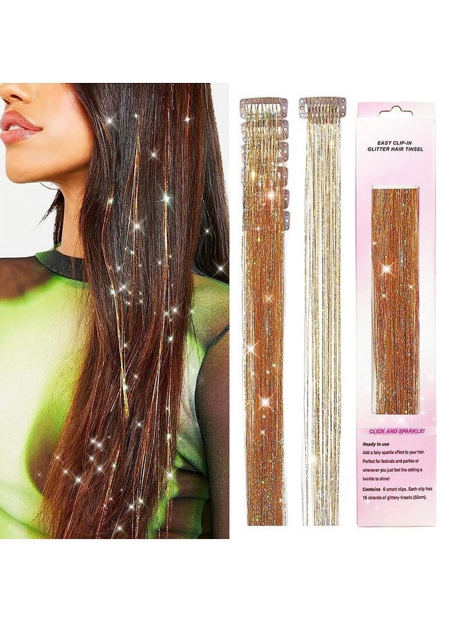 ماي كرييت وصلات شعر لامعة من MAYCREATE®، 6 قطع، خيوط لامعة بنية اللون، وصلات شعر لامعة بطول 20.5 بوصة، مجموعة شعر جنية لامعة مقاومة للحرارة للنساء والفتيات لحفلات الهالوين التنكرية - Image 1