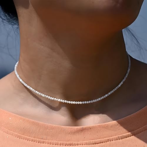 VOPIPO Dainty White Spinel Beaded Choker Necklace for Women Trendy Natural Shiny 3mm White Agate Crystal Stone Necklace 18k Gold Plated Chain Adjustable Cute Necklace Jewelry Gifts - Image 2