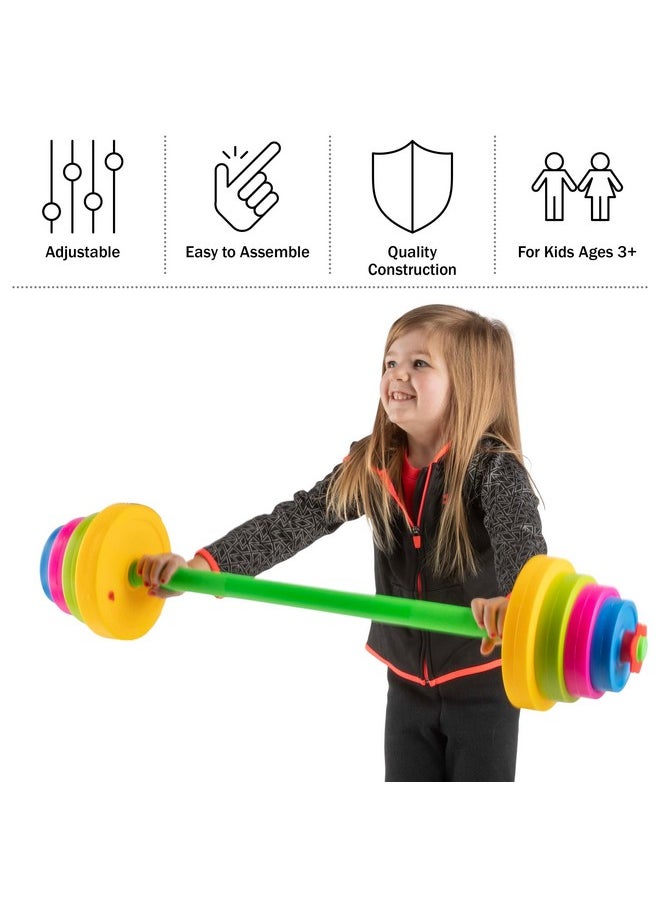 Hey! Play! - Kids Weight Set - Barbell With 8 Adjustable Plates - Kids Indoor Play Gym Toddler Workout Set - Baby Weights Toys For Age 3 And Up - Image 1