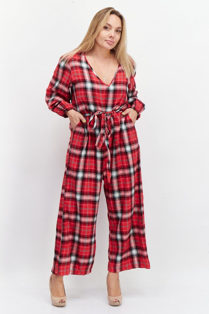 boohoo Women Windowpane Long Sleeves Jumpsuit, Red Combo - Image 1