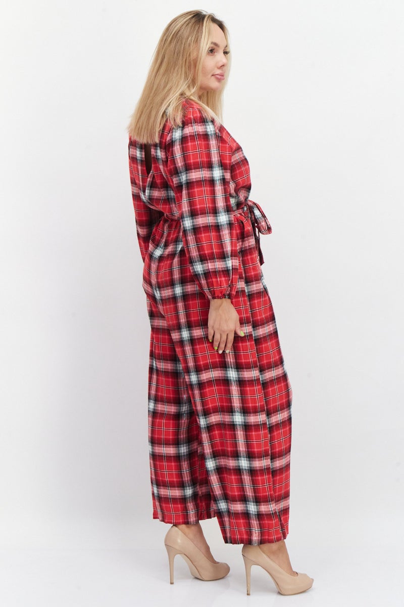 boohoo Women Windowpane Long Sleeves Jumpsuit, Red Combo - Image 2