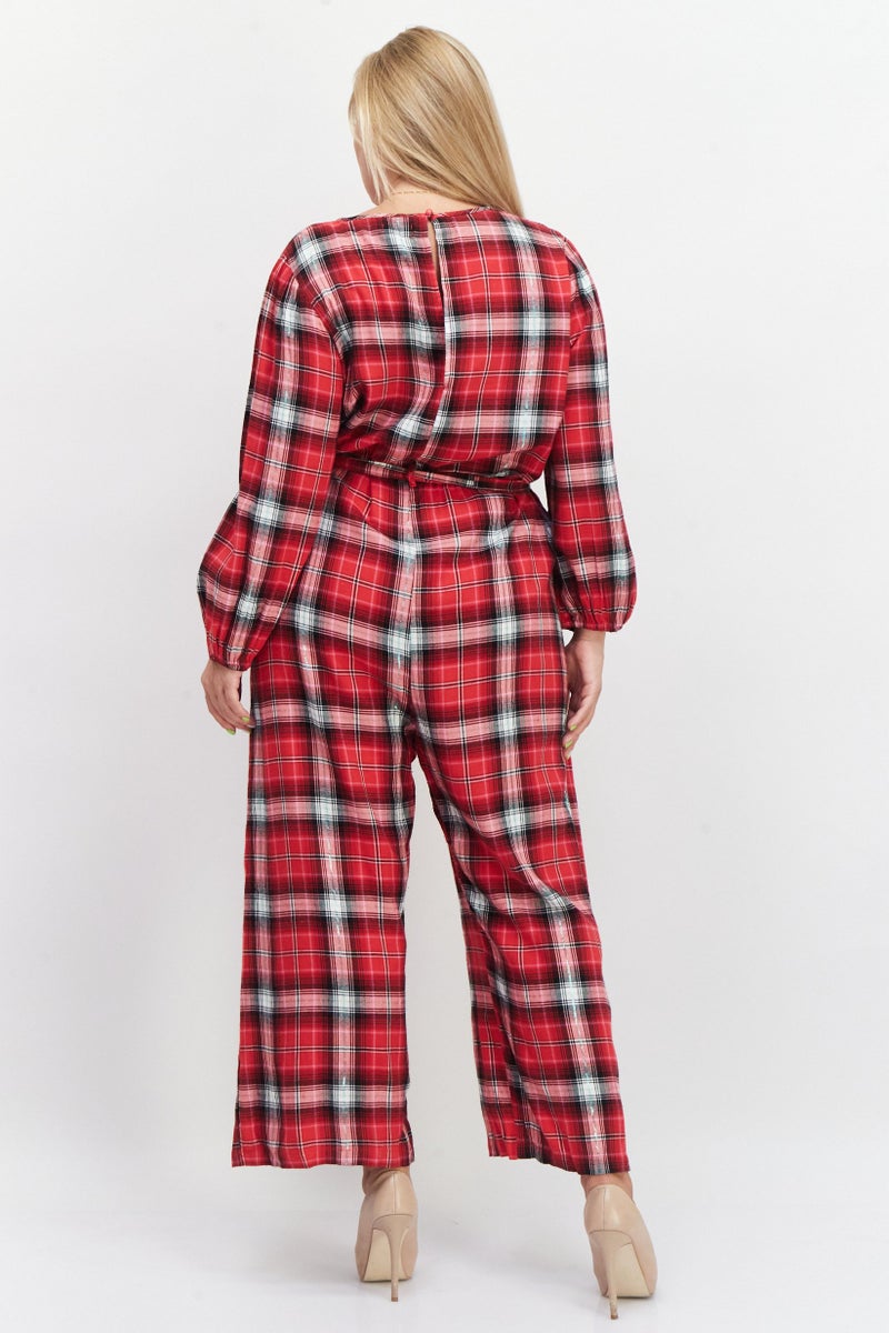 boohoo Women Windowpane Long Sleeves Jumpsuit, Red Combo - Image 3