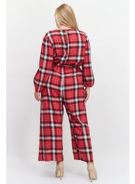 boohoo Women Windowpane Long Sleeves Jumpsuit, Red Combo  - Image 3