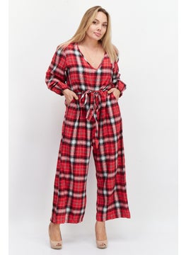 boohoo Women Windowpane Long Sleeves Jumpsuit, Red Combo  - Image 1