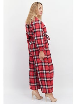 boohoo Women Windowpane Long Sleeves Jumpsuit, Red Combo  - Image 2