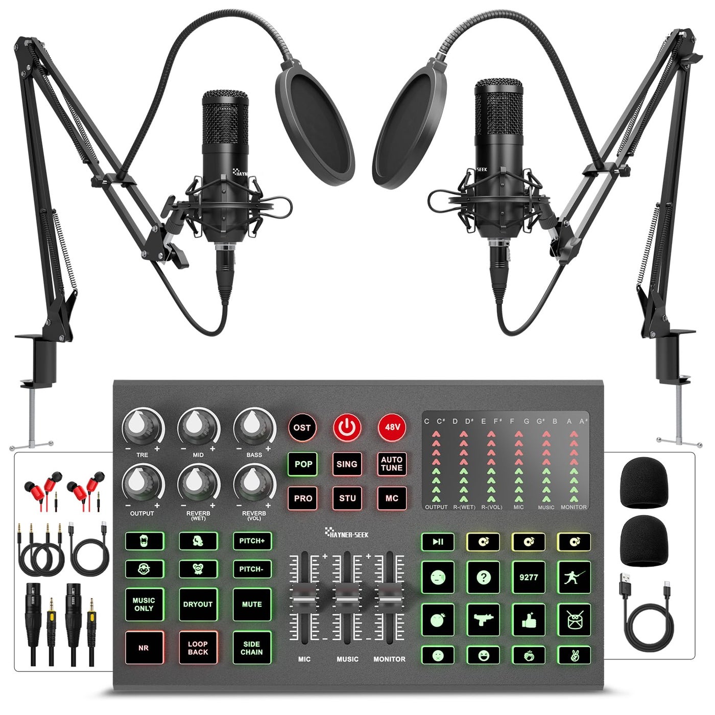 Podcast Equipment Bundle for 2Audio Interface DJ Mixer with Podcast MicrophoneVoice change48V for Podcast Streaming TikTok Youtube PC Smartphone V1