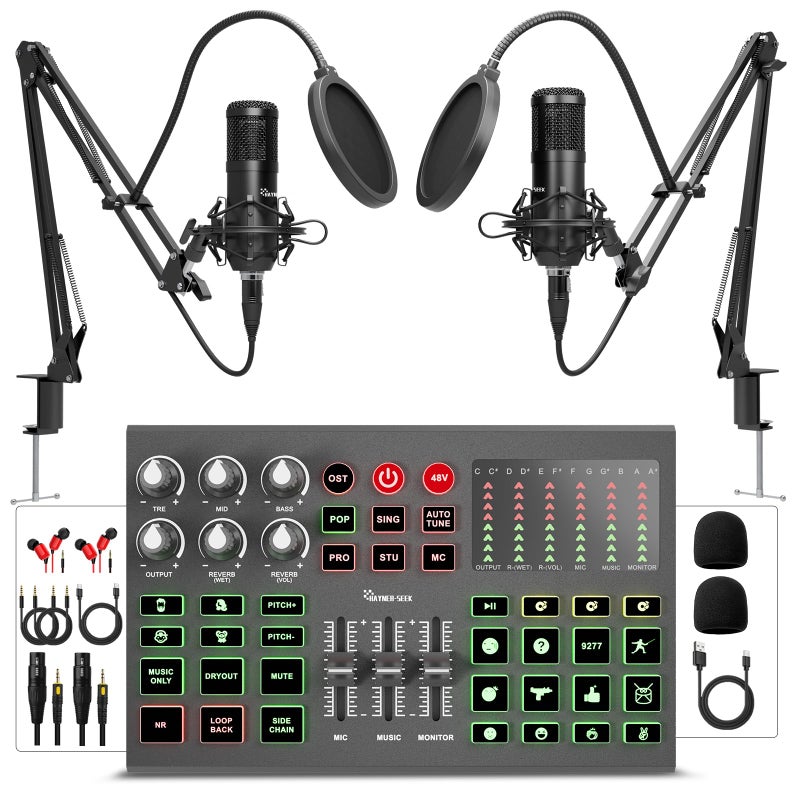 Podcast Equipment Bundle for 2Audio Interface DJ Mixer with Podcast MicrophoneVoice change48V for Podcast Streaming TikTok Youtube PC Smartphone V1