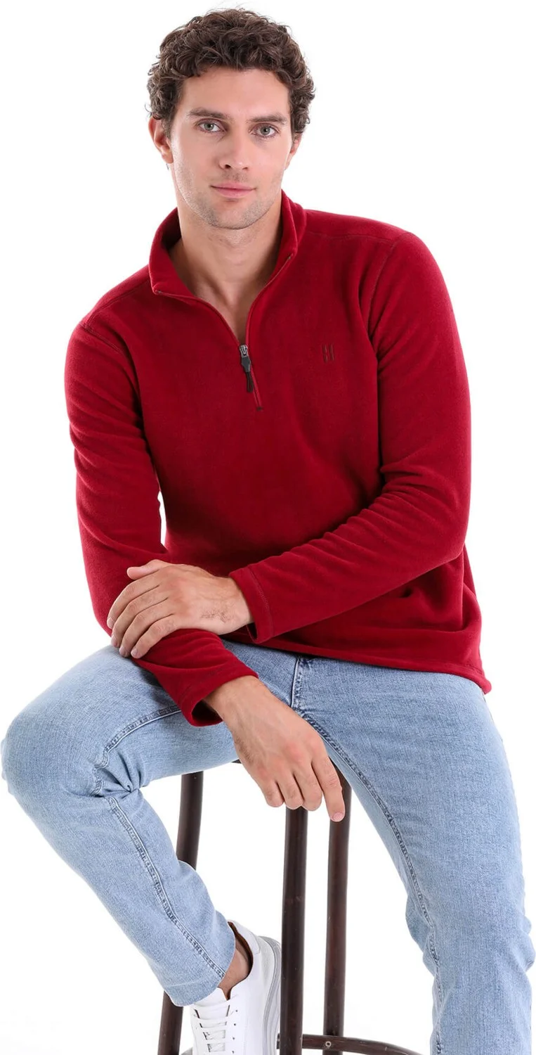 Hatemoğlu Claret Red Regular Fit Half Turtleneck Zippered Polar Fleece Sweatshirt