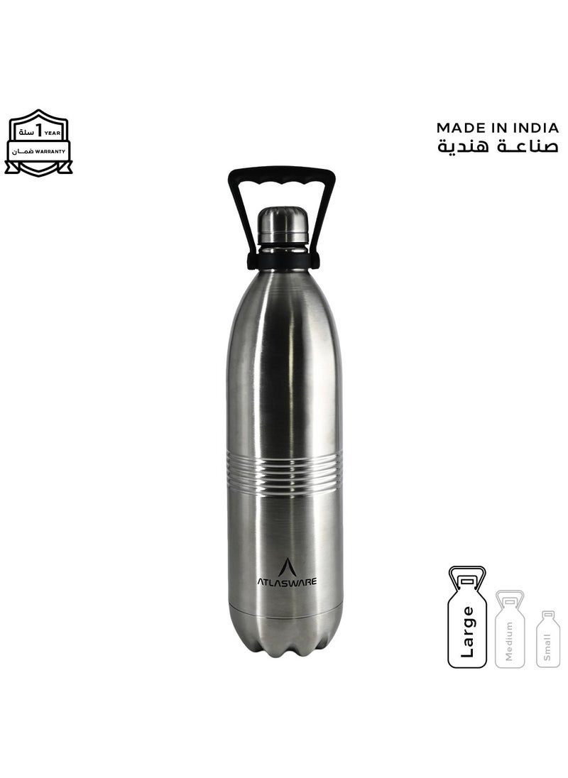 Atlasware - Water bottle with a capacity of 1000 ml, stainless steel water bottle that keeps cold for 82 hours and keeps heat for 34 hours, Silver - Image 1