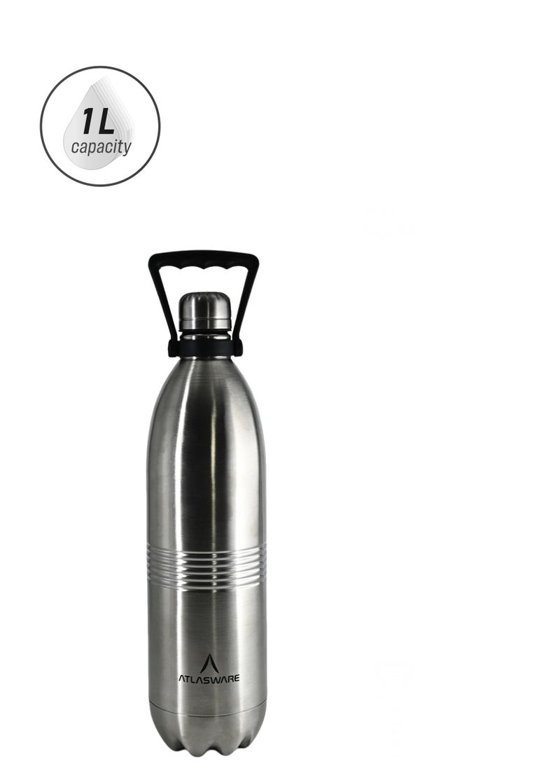 Atlasware - Water bottle with a capacity of 1000 ml, stainless steel water bottle that keeps cold for 82 hours and keeps heat for 34 hours, Silver - Image 1