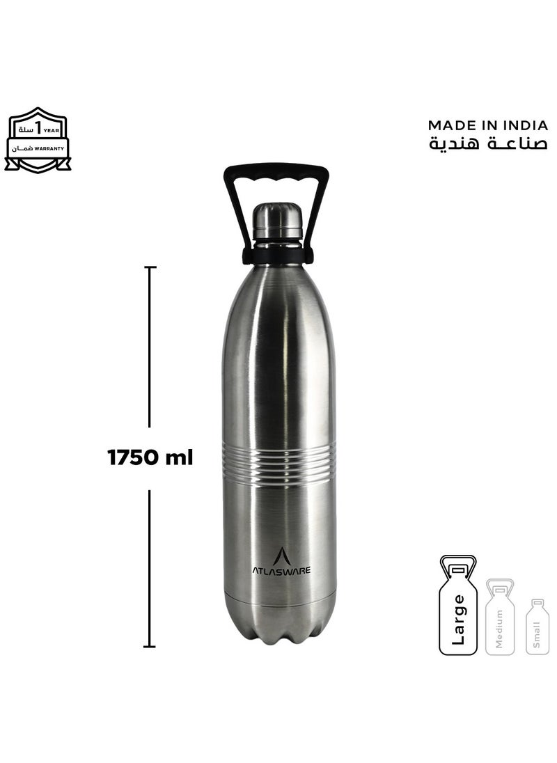 Atlasware - Water bottle with a capacity of 1000 ml, stainless steel water bottle that keeps cold for 82 hours and keeps heat for 34 hours, Silver - Image 1