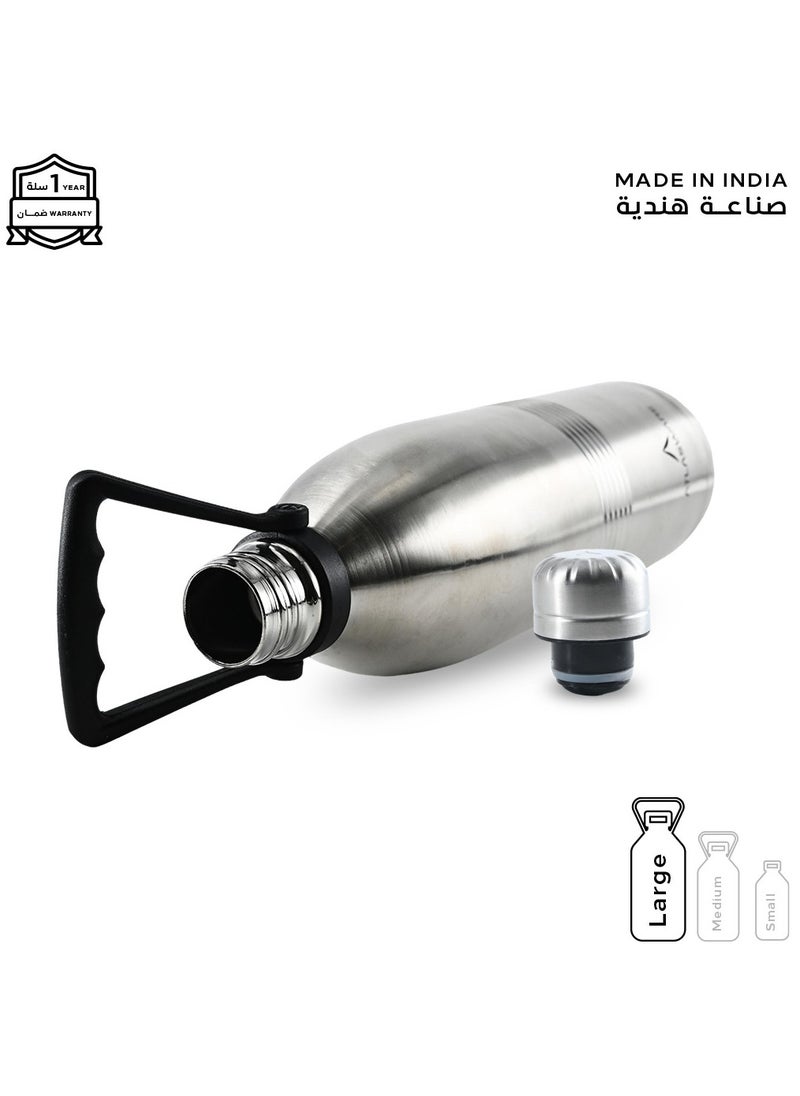 Atlasware - Water bottle with a capacity of 1000 ml, stainless steel water bottle that keeps cold for 82 hours and keeps heat for 34 hours, Silver - Image 1