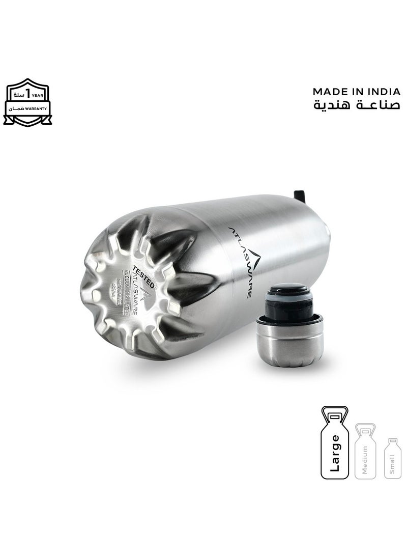 Atlasware - Water bottle with a capacity of 1000 ml, stainless steel water bottle that keeps cold for 82 hours and keeps heat for 34 hours, Silver - Image 1