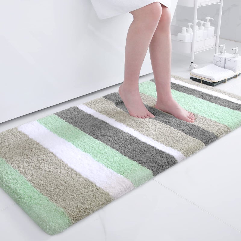 Buganda Microfiber Striped Bathroom Rugs Bath Mat Extra Thick Soft and Shaggy Absorbent Machine Washable AntiSlip Bath Rugs for Bathroom Tub and Shower 47x24 GreenGrey