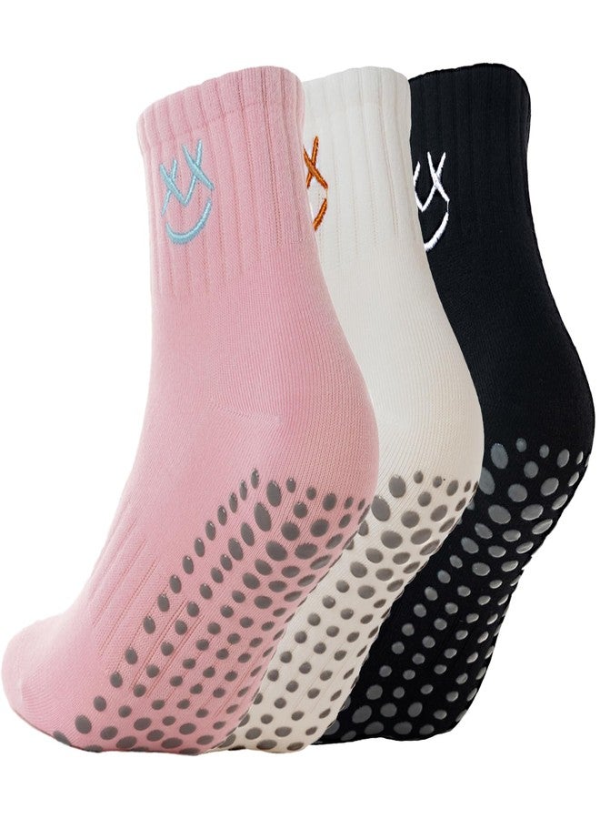 Soxbang 3/6 Pairs Pilates Socks with Grips,Yoga Socks Barre Socks Non Slip Socks Embroidery for Barre Ballet Barefoot Workout, 3pairs-1black1pink1white, 5 - Image 1