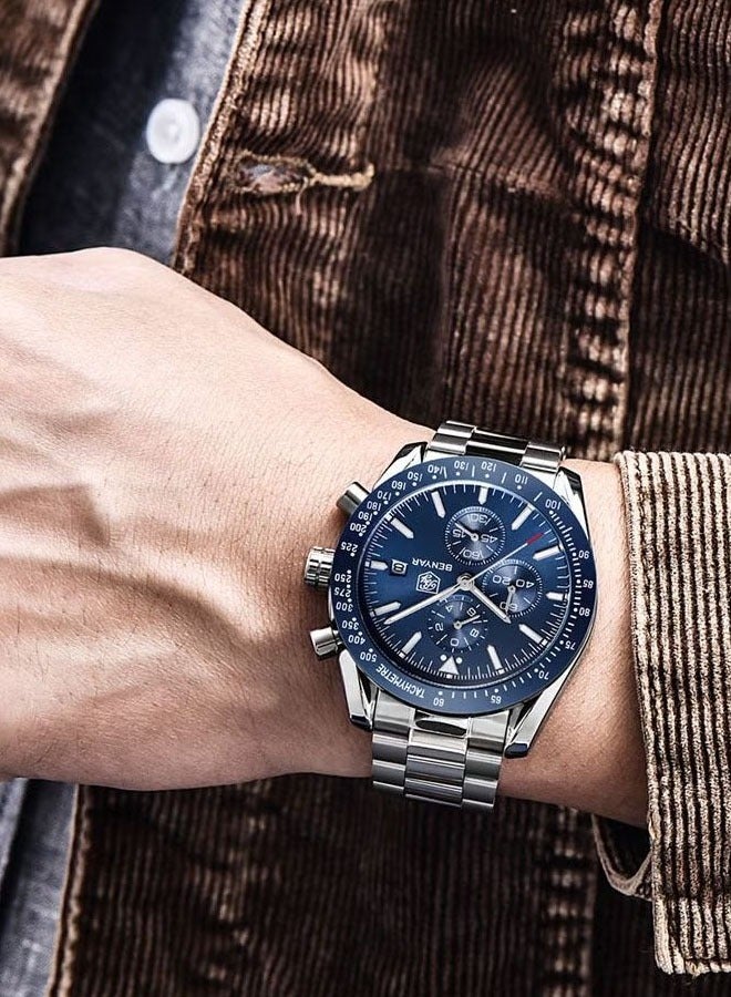 BENYAR Men's High-end Business Watch Quartz Movement Chronograph Daily Leisure Watch Multifunctional Waterproof Watch Stainless Steel Strap BY5140 Silver Blue - Image 2