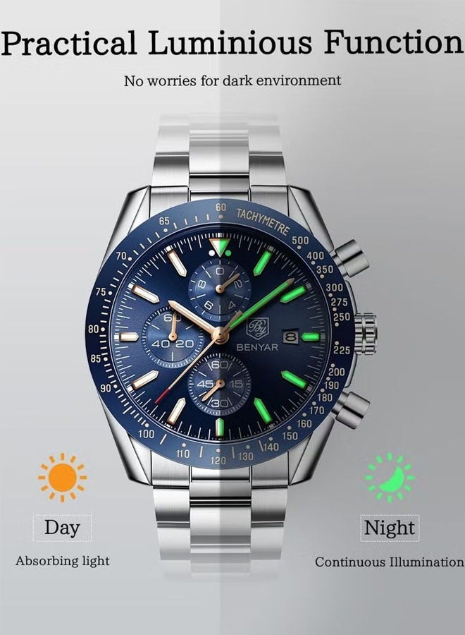 BENYAR Men's High-end Business Watch Quartz Movement Chronograph Daily Leisure Watch Multifunctional Waterproof Watch Stainless Steel Strap BY5140 Silver Blue - Image 5