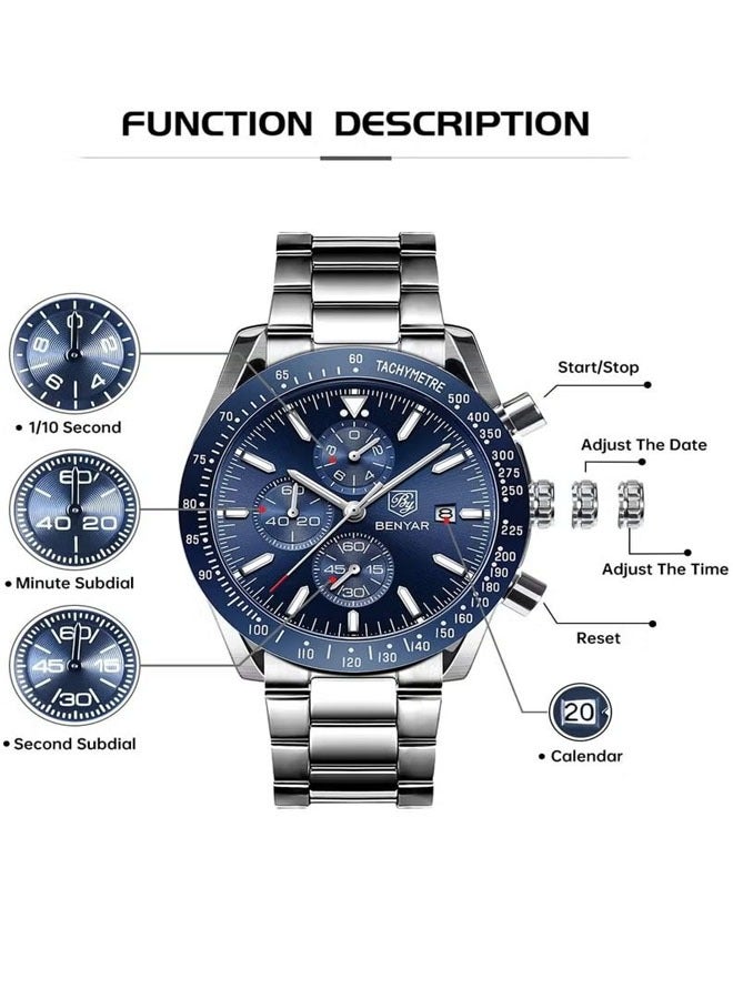 BENYAR Men's High-end Business Watch Quartz Movement Chronograph Daily Leisure Watch Multifunctional Waterproof Watch Stainless Steel Strap BY5140 Silver Blue - Image 4