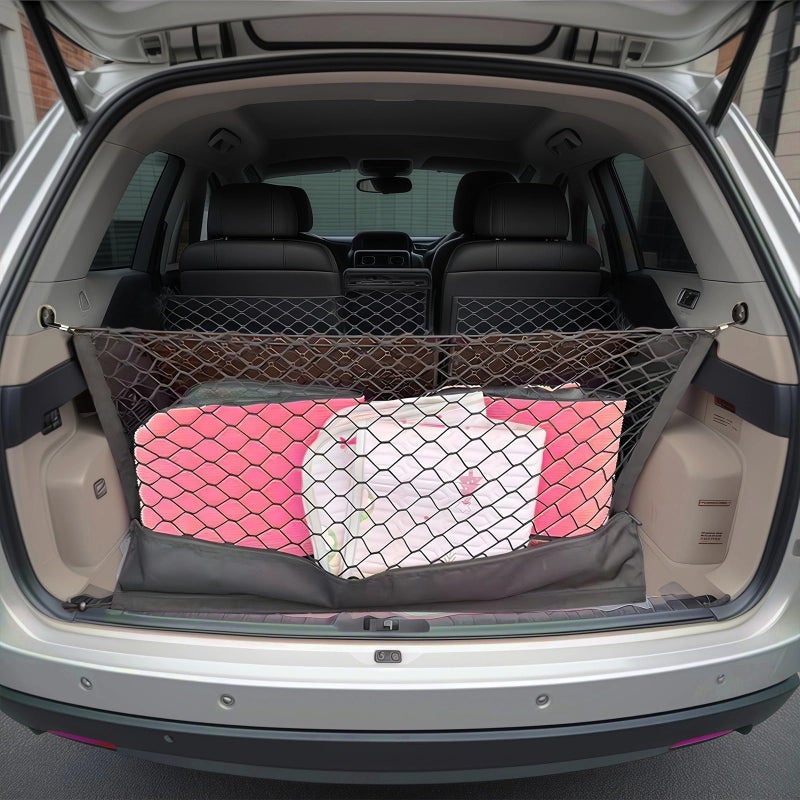 Black Mesh Car Trunk Organizer With Hooks Dual Layer Cargo Net 110 X 40 Inches Oxford Fabric - Image 4