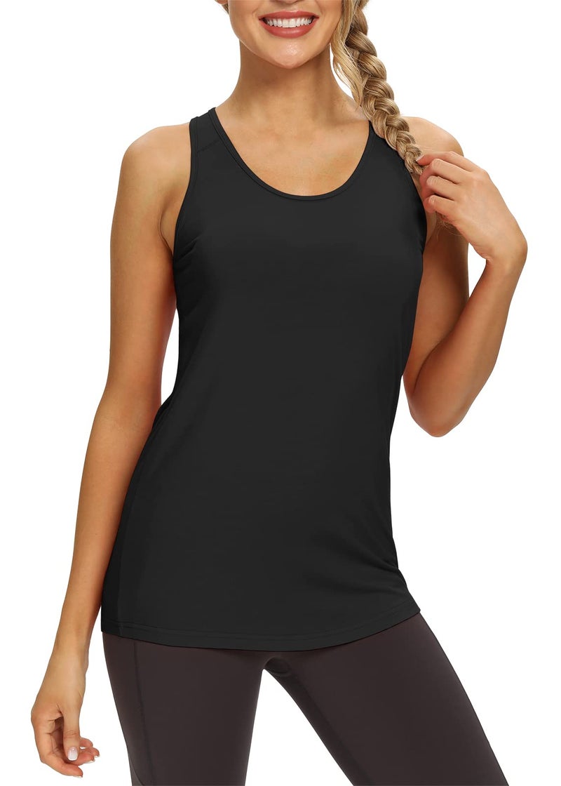 Mippo Activewear Tops Racerback Tank Long Tunic Workout Tops Athletic Yoga Loose Gym Shirt Exercise Clothes for Women Black S - Image 2