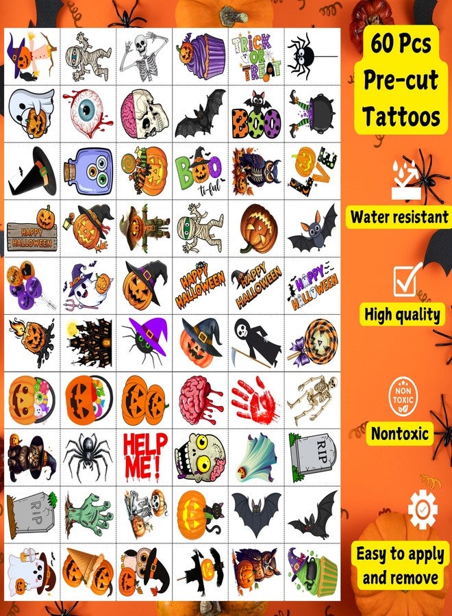Backtopeia Halloween Temporary Tattoos | Halloween Party Decorations Trick Or Treat Décor Accessories Stickers Party Favors Skeleton Bat Spider Owl Ghost Pumpkin Gift Idea For Kids Teen Adult Boy Girl-60Pcs - Image 3