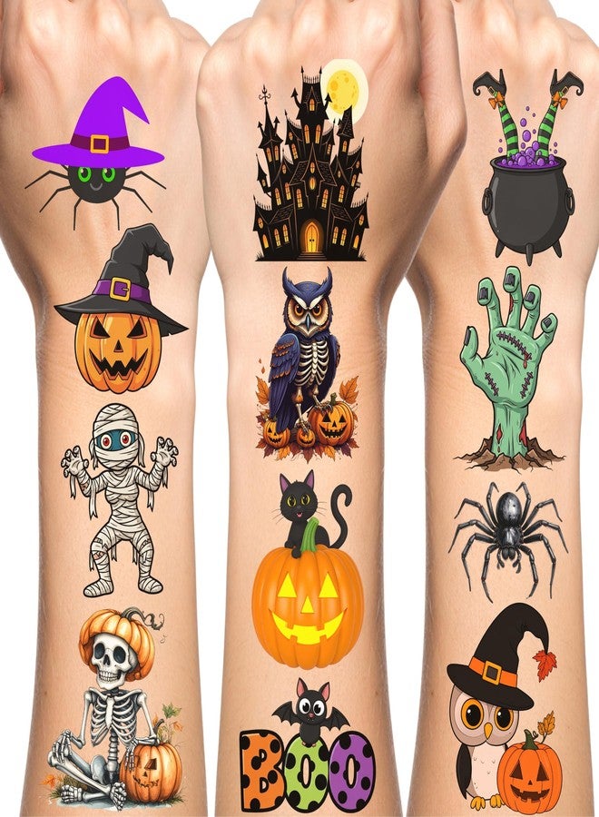 Backtopeia Halloween Temporary Tattoos | Halloween Party Decorations Trick Or Treat Décor Accessories Stickers Party Favors Skeleton Bat Spider Owl Ghost Pumpkin Gift Idea For Kids Teen Adult Boy Girl-60Pcs - Image 1