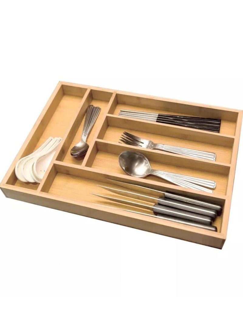 6 Compartment Wooden Cutlery Drawer Organizer Brown  - Image 2