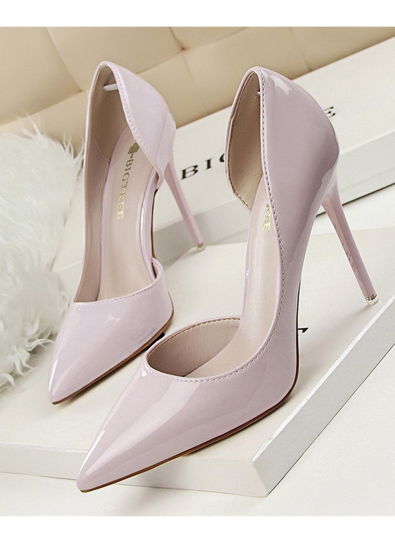 BIGTREE Fashion Simple Slim Patent Leather Shallow Mouth Pointy Hollowed Out Slim Heels Purple