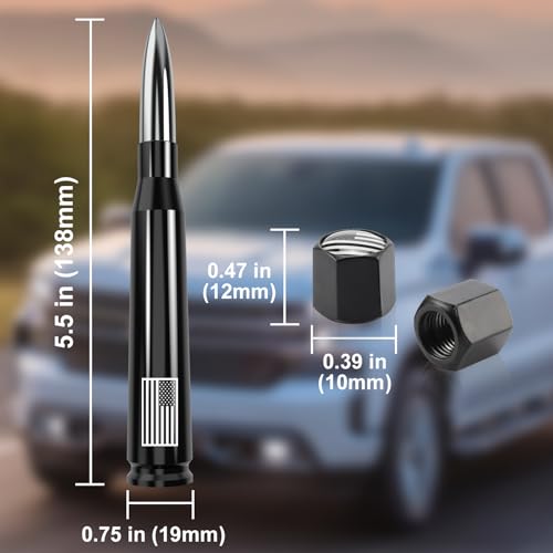 Engirette Car Truck Antenna with Valve Stem Cap American Flag Universal Short Replacement for GMC Sierra Chevy Silverado Dodge Ram 1500 2500 3500 Ford F150 F250 F350 Super Duty Raptor Accessories, Chrome - Image 2