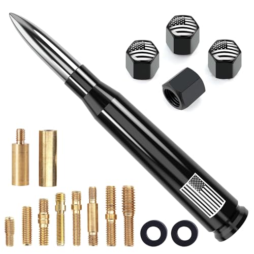 Engirette Car Truck Antenna with Valve Stem Cap American Flag Universal Short Replacement for GMC Sierra Chevy Silverado Dodge Ram 1500 2500 3500 Ford F150 F250 F350 Super Duty Raptor Accessories, Chrome - Image 1