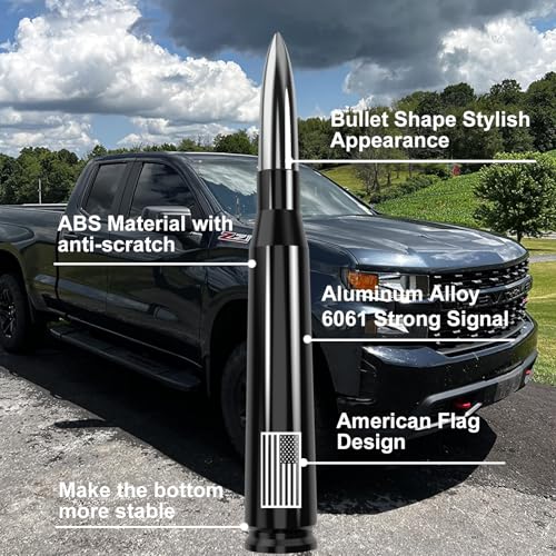 Engirette Car Truck Antenna with Valve Stem Cap American Flag Universal Short Replacement for GMC Sierra Chevy Silverado Dodge Ram 1500 2500 3500 Ford F150 F250 F350 Super Duty Raptor Accessories, Chrome - Image 3