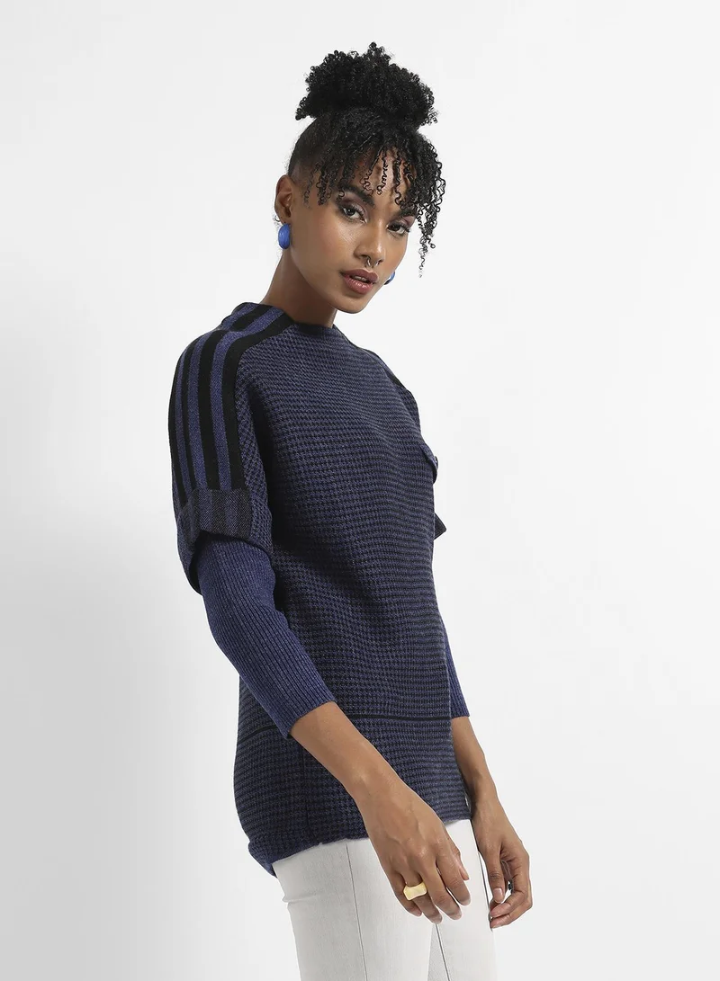 Pinacolada  Women's Navy Blue Micro Checkered Sweater With Striped Sleeve for Women | Best Price UAE