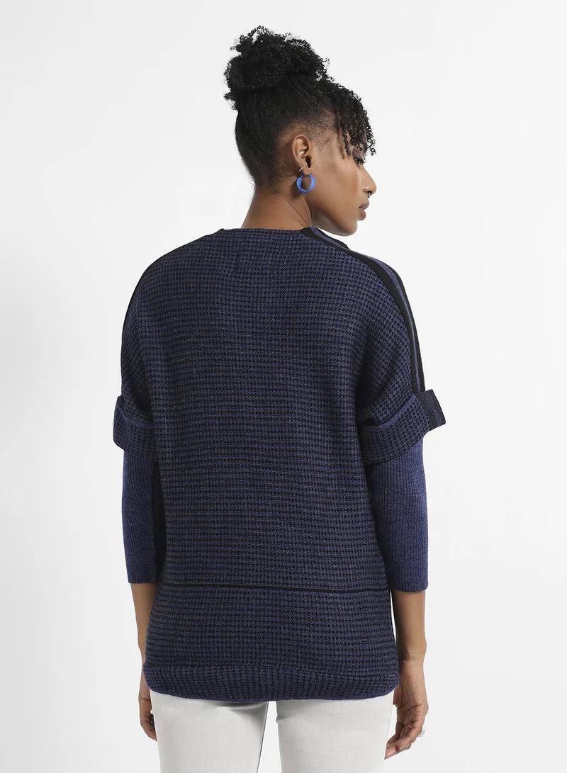 Pinacolada  Women's Navy Blue Micro Checkered Sweater With Striped Sleeve for Women | Best Price UAE